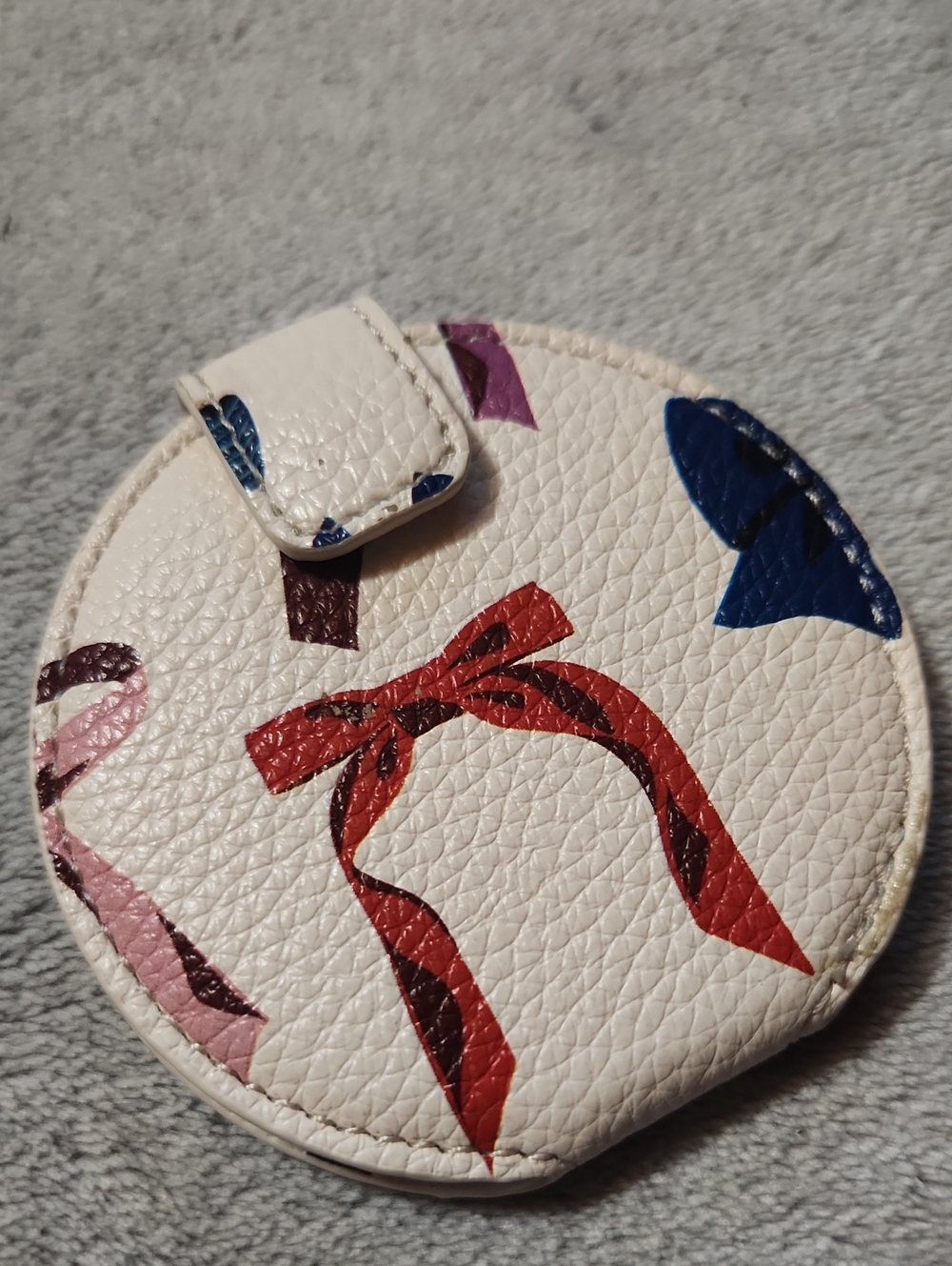 Vera Bradley White Round Compact Mirror with Red Bow and Blue Accents